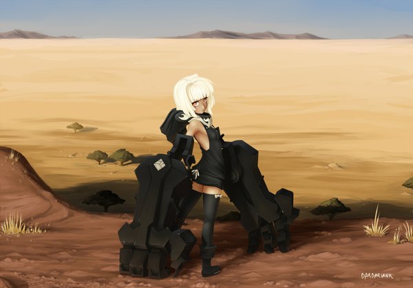 Anime picture 2250x1568 with black rock shooter strength (black rock shooter) single highres short hair yellow eyes white hair looking back mechanical parts girl thighhighs black thighhighs