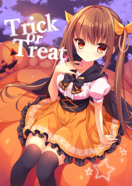 Anime picture 1935x2732 with original nametakenoko single long hair tall image looking at viewer highres brown hair twintails brown eyes halloween trick or treat girl thighhighs dress bow black thighhighs hair bow jack-o'-lantern