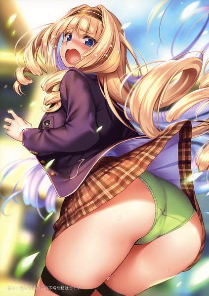 Anime picture 2538x3600 with hanikami kanojo shoudou erena piromizu single long hair tall image looking at viewer blush fringe highres open mouth blue eyes light erotic blonde hair payot outdoors ass blunt bangs long sleeves looking back