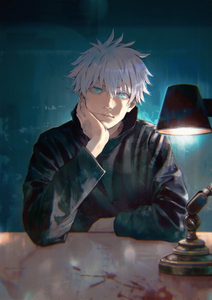 Anime picture 2475x3500 with jujutsu kaisen mappa gojou satoru kyuuba melo single tall image looking at viewer fringe highres short hair blue eyes hair between eyes upper body white hair long sleeves head rest blood stains popped collar boy blood