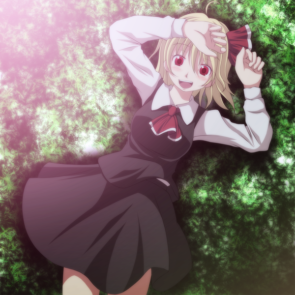 Anime picture 1500x1500 with touhou rumia s-syogo single short hair open mouth blonde hair red eyes ahoge girl skirt bow plant (plants) hair bow grass skirt set