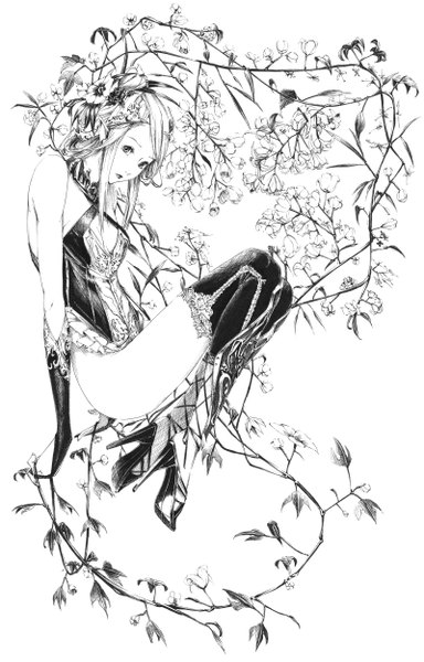 Anime picture 800x1250 with original sousou (sousouworks) single long hair tall image fringe simple background white background holding full body lips monochrome girl thighhighs flower (flowers) black thighhighs plant (plants) shoes boots