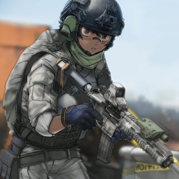 Anime picture 800x800 with original chevasis (artist) single looking at viewer fringe short hair black hair holding sky outdoors parted lips lips black eyes leaning leaning forward military girl gloves uniform weapon