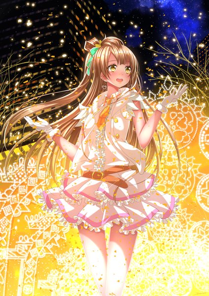 Anime picture 1102x1560 with love live! school idol project sunrise (studio) love live! minami kotori swordsouls single long hair tall image blush open mouth brown hair yellow eyes night one side up city girl dress gloves