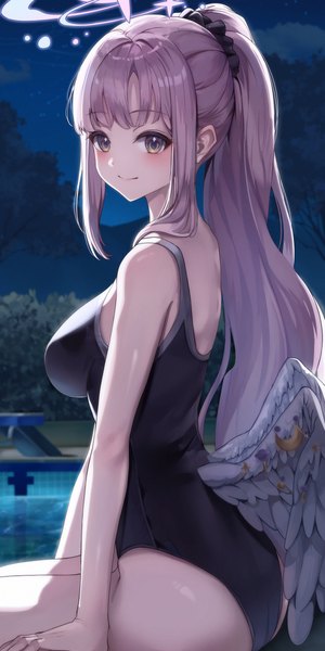 Anime picture 3000x6000 with blue archive mika (blue archive) lnji (rnlwls34) single long hair tall image blush fringe highres breasts light erotic smile large breasts sitting yellow eyes looking away pink hair outdoors ass ponytail