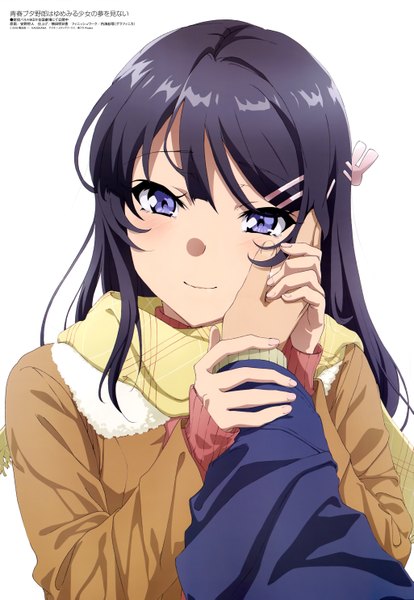 Anime picture 4097x5930 with seishun buta yarou megami magazine cloverworks sakurajima mai yasuno masato long hair tall image looking at viewer blush fringe highres blue eyes black hair simple background smile hair between eyes white background absurdres upper body scan