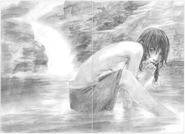 Anime picture 5853x4259 with blade of the immortal asano rin samura hiroaki single long hair highres breasts light erotic absurdres monochrome topless green background traditional media graphite (medium) girl water onsen