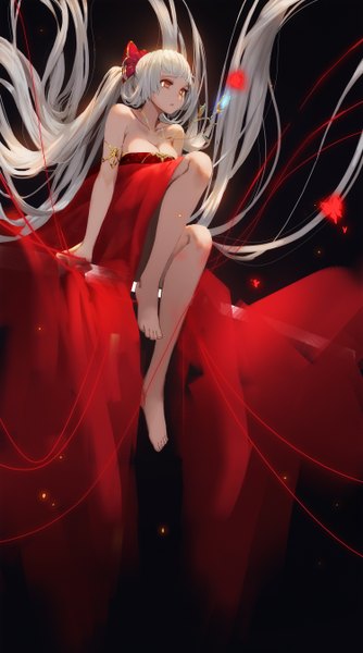 Anime picture 1500x2692 with original weiwenbo single tall image fringe sitting brown eyes bent knee (knees) white hair very long hair parted lips barefoot bare legs legs sleeveless floating hair glowing black background glowing eye (eyes) girl