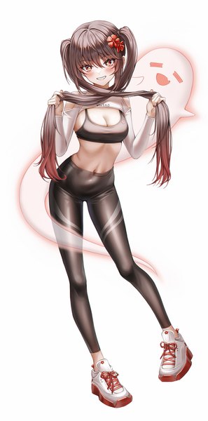 Anime picture 1200x2421 with genshin impact hu tao (genshin impact) boo tao (genshin impact) wol (wol 927) single long hair tall image looking at viewer blush fringe breasts light erotic simple background smile hair between eyes brown hair white background bare shoulders brown eyes cleavage