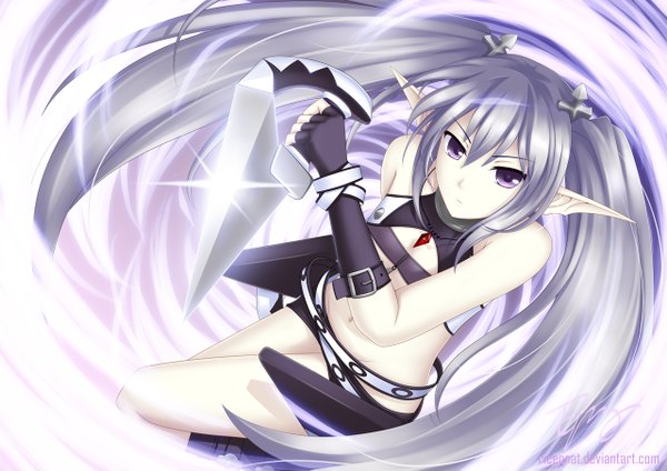 Anime picture 1280x905 with agarest senki fyuria (agarest senki) ricegnat single long hair looking at viewer purple eyes twintails bare shoulders silver hair pointy ears girl navel hair ornament weapon fingerless gloves