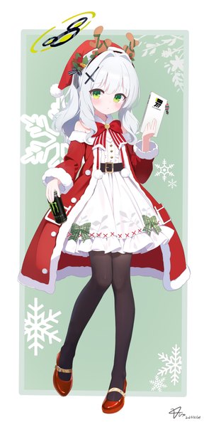 Anime picture 1730x3600 with blue archive monster energy hare (blue archive) zcx single long hair tall image looking at viewer highres green eyes silver hair full body horn (horns) loli border christmas outside border antlers fake antlers girl