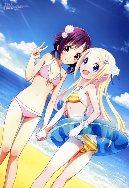 Anime picture 4078x5920 with hanayamata madhouse megami magazine hana n. fontainestand sekiya naru long hair tall image blush highres short hair open mouth blue eyes light erotic purple eyes multiple girls absurdres sky purple hair cloud (clouds) white hair