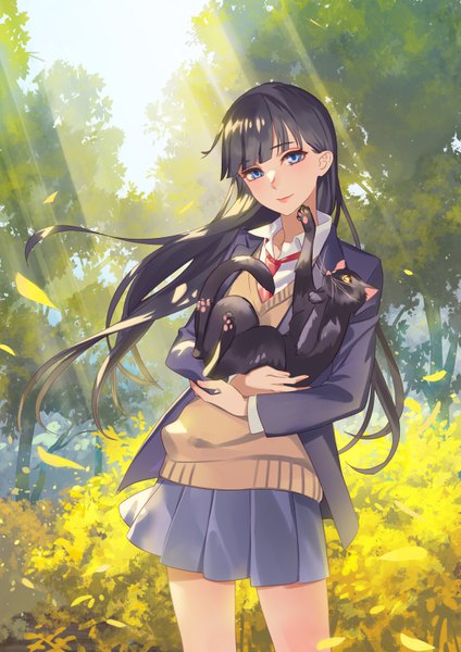 Anime picture 566x800 with original ojyou single long hair tall image looking at viewer fringe blue eyes black hair outdoors blunt bangs pleated skirt wind sunlight girl skirt uniform plant (plants) school uniform animal