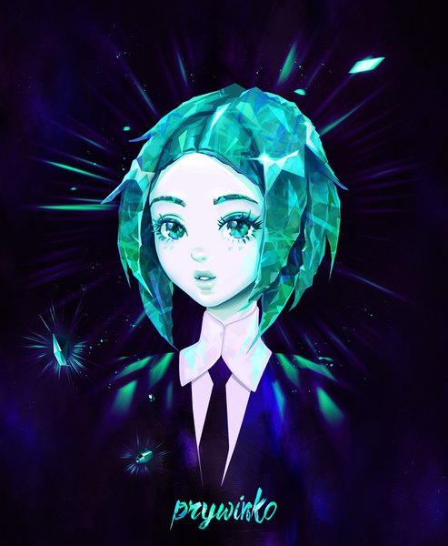 Anime-Bild 1232x1500 mit houseki no kuni phosphophyllite olga narhova single tall image looking at viewer short hair simple background green eyes parted lips green hair lips black background portrait shiny androgynous necktie gem