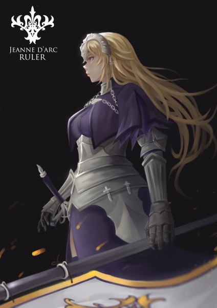 Anime picture 3535x5000 with fate (series) fate/grand order jeanne d'arc (fate) (all) jeanne d'arc (fate) selcky single long hair tall image fringe highres blue eyes blonde hair simple background standing holding looking away absurdres profile character names floating hair