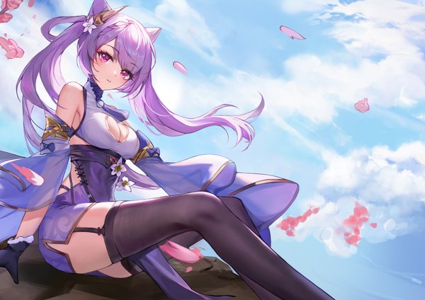 Anime picture 4961x3508 with genshin impact keqing (genshin impact) yi (saver5607) single long hair blush fringe highres breasts light erotic sitting purple eyes twintails bare shoulders absurdres sky cleavage purple hair cloud (clouds) traditional clothes