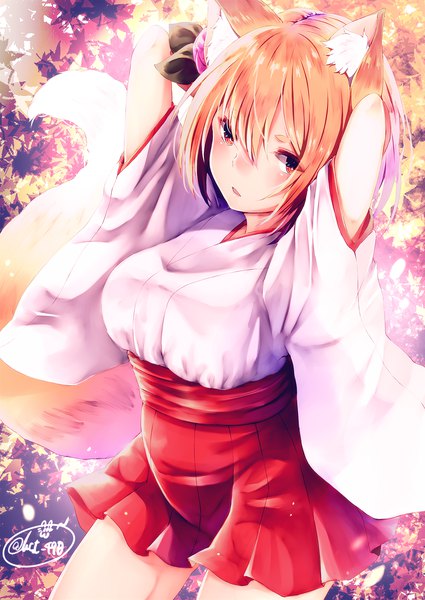Anime-Bild 1417x2000 mit original chita (ketchup) single tall image looking at viewer blush fringe short hair breasts open mouth light erotic hair between eyes large breasts standing brown eyes signed animal ears tail traditional clothes japanese clothes