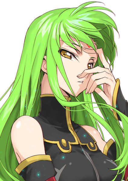 Anime-Bild 650x919 mit code geass sunrise (studio) c.c. creayus single long hair tall image looking at viewer fringe simple background white background bare shoulders yellow eyes payot upper body parted lips green hair hand on face girl detached sleeves