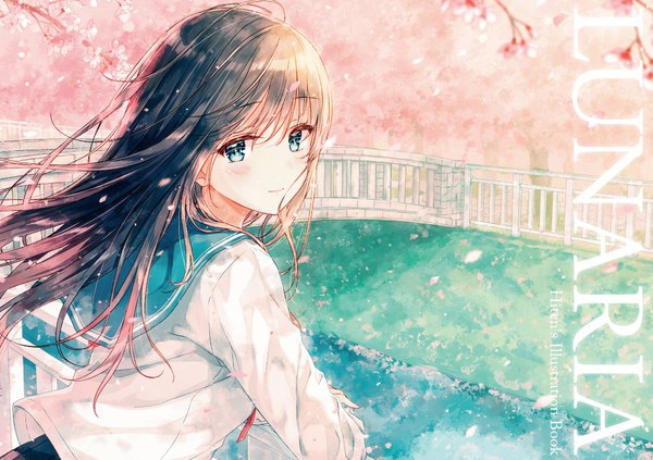 Anime picture 1100x777 with original hiten (hitenkei) single long hair looking at viewer blush fringe blue eyes smile hair between eyes brown hair upper body outdoors pleated skirt looking back light smile wind from behind cherry blossoms revision