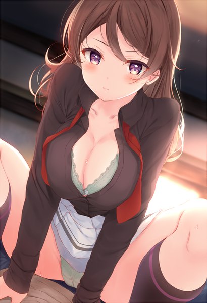 Anime picture 1024x1500 with original komone ushio long hair tall image looking at viewer blush fringe breasts light erotic brown hair large breasts sitting purple eyes cleavage long sleeves arm support leaning spread legs leaning forward sweatdrop