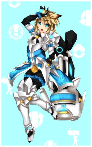 Anime picture 900x1436 with elsword chung (elsword) shelling guardian fi-san single tall image blush short hair open mouth blue eyes blonde hair smile framed girl armor
