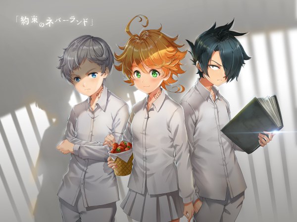 Anime picture 5066x3799 with yakusoku no neverland cloverworks emma (yakusoku no neverland) norman (yakusoku no neverland) ray (yakusoku no neverland) bunnyking618 looking at viewer blush fringe highres short hair blue eyes black hair smile hair between eyes standing holding absurdres silver hair ahoge