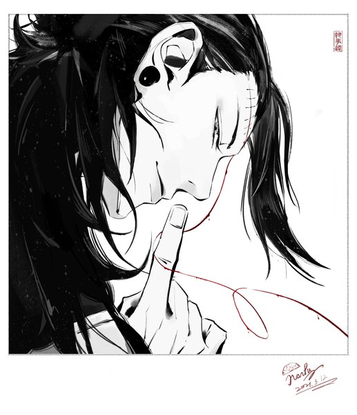 Anime picture 4206x4882 with jujutsu kaisen mappa getou suguru deacon yuan single long hair tall image looking at viewer highres signed absurdres profile border finger to mouth dated monochrome boy thread red thread stitches