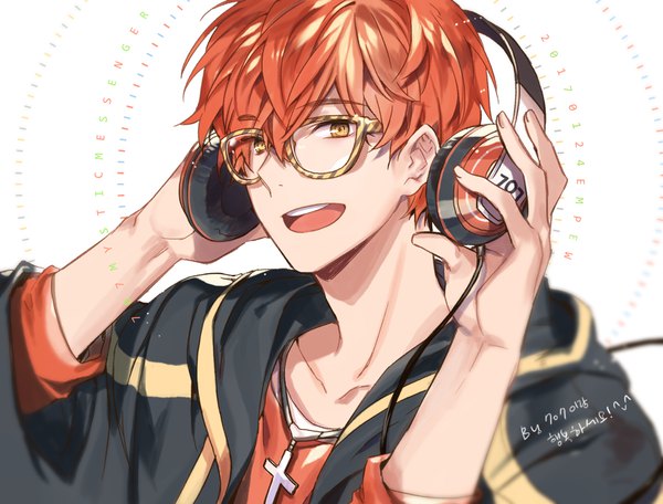 Anime picture 1000x760 with mystic messenger 707 (mystic messenger) empew single looking at viewer fringe short hair open mouth simple background smile hair between eyes white background holding signed yellow eyes :d blurry orange hair copyright name character names