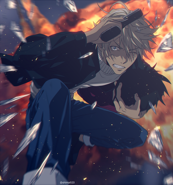Anime picture 840x900 with detective conan amuro tooru mashima shima single tall image looking at viewer fringe short hair blue eyes blonde hair hair between eyes holding signed full body ahoge bent knee (knees) one eye closed wind night night sky