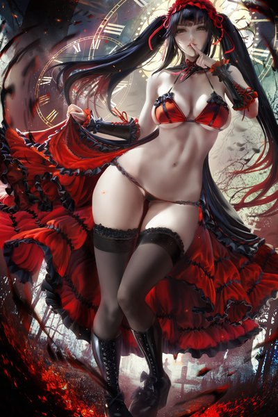 Anime picture 2333x3500 with date a live tokisaki kurumi sakimichan single long hair tall image looking at viewer fringe highres breasts light erotic black hair red eyes large breasts standing twintails bare shoulders yellow eyes payot cleavage