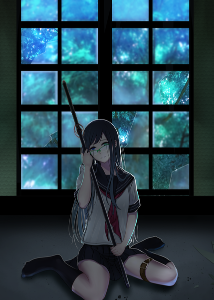 Anime picture 1705x2386 with original saitou (lynx-shrike) single long hair tall image looking at viewer highres blue eyes black hair sitting green eyes pleated skirt no shoes heterochromia wariza dark background sheathed broken glass girl skirt