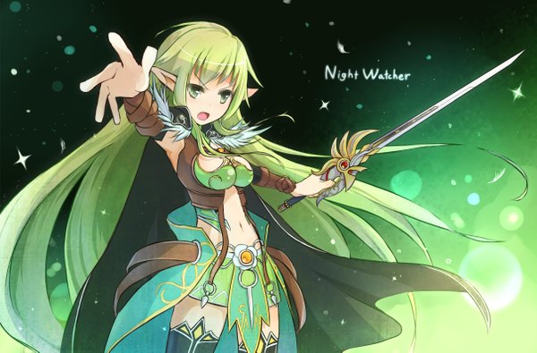 Anime picture 2417x1593 with elsword rena erindel tagme (artist) single long hair highres breasts open mouth light erotic green eyes green hair pointy ears arms up sparkle midriff elf girl thighhighs dress navel