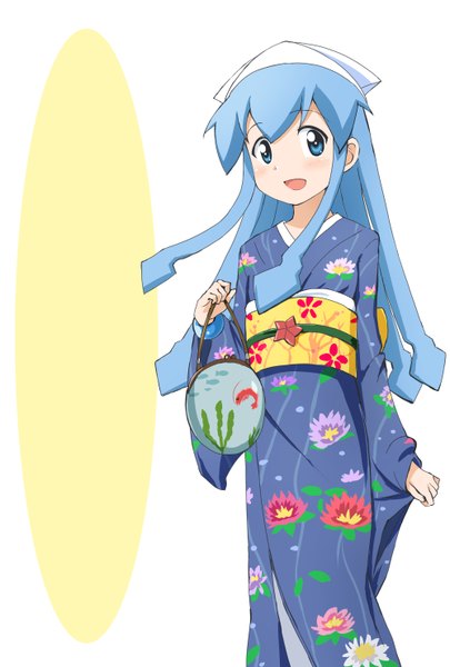 Anime picture 1000x1480 with shinryaku! ika musume ika musume kinfuji single long hair tall image blush open mouth blue eyes simple background white background blue hair traditional clothes japanese clothes floral print tentacle hair girl obi bag yukata