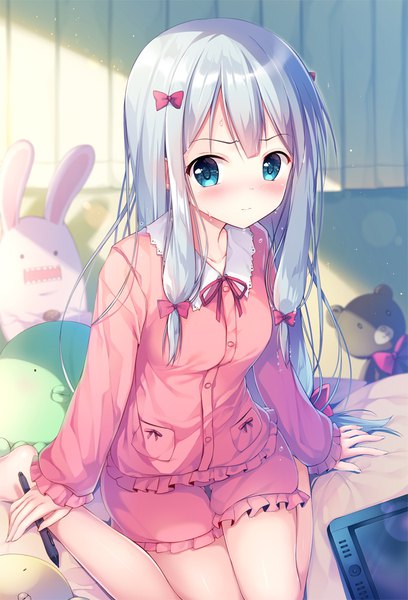 Anime picture 714x1050 with eromanga sensei a-1 pictures izumi sagiri sousouman single long hair tall image looking at viewer blush blue eyes sitting silver hair from above loli embarrassed wariza girl bow hair bow toy