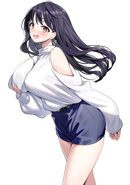 Anime picture 1000x1415 with boku no kokoro no yabai yatsu yamada anna ririko (zhuoyandesailaer) single long hair tall image looking at viewer blush breasts open mouth light erotic black hair simple background large breasts white background bare shoulders brown eyes :d girl earrings