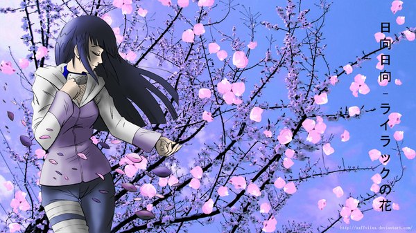 Anime picture 1191x670 with naruto studio pierrot naruto (series) hyuuga hinata single long hair wide image blue hair eyes closed inscription cherry blossoms girl petals bandage (bandages) bandana