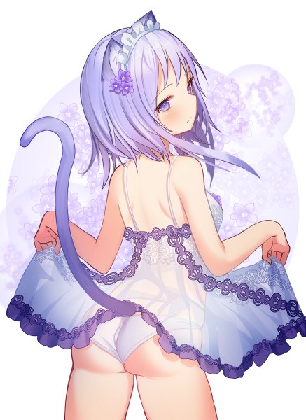 Anime picture 874x1200 with original rk (rktorinegi) single long hair tall image looking at viewer blush fringe breasts light erotic simple background standing white background purple eyes bare shoulders animal ears payot purple hair ass tail