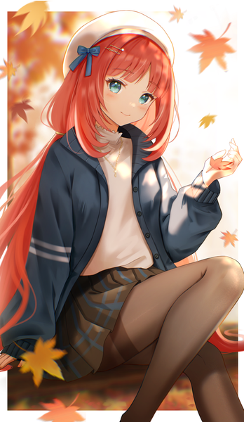 Anime picture 1660x2865 with genshin impact nilou (genshin impact) nasii single long hair tall image looking at viewer blush fringe smile sitting twintails red hair blunt bangs long sleeves pleated skirt aqua eyes arm support alternate costume low twintails