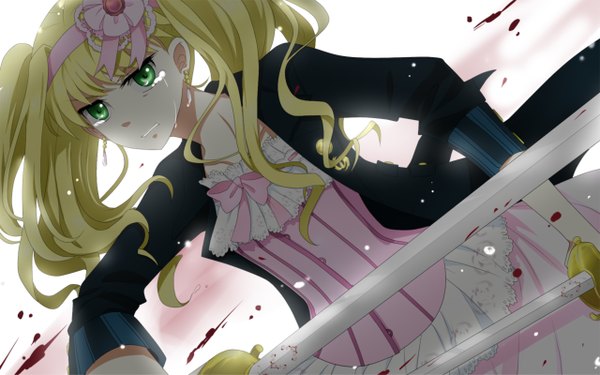 Anime picture 1280x800 with kuroshitsuji a-1 pictures elizabeth middleford long hair blonde hair wide image twintails green eyes tears crying girl dress hair ornament bow sword hairband blood