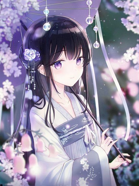 Anime picture 1119x1500 with original iren lovel single long hair tall image black hair purple eyes upper body traditional clothes blurry depth of field chinese clothes half updo girl hair ornament flower (flowers) umbrella oriental umbrella kanzashi hanfu