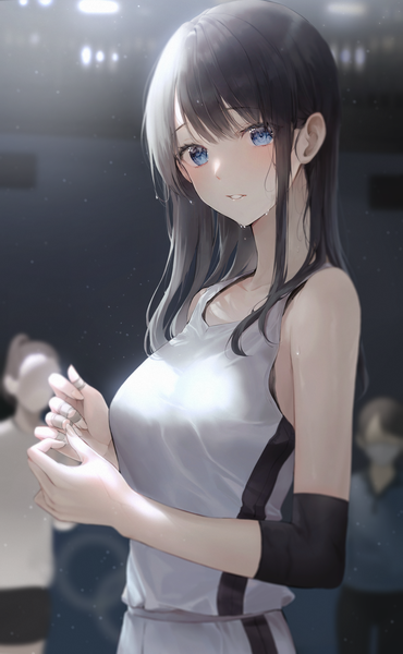 Anime picture 1500x2430 with original 2sham long hair tall image looking at viewer blush fringe breasts blue eyes black hair standing bare shoulders upper body indoors blunt bangs parted lips blurry sweat depth of field light