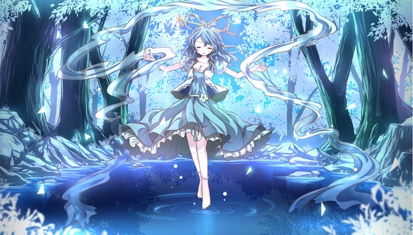 Anime picture 2205x1254 with touhou kaku seiga risutaru single long hair highres breasts wide image standing blue hair cleavage full body outdoors eyes closed barefoot flying ripples girl dress plant (plants)