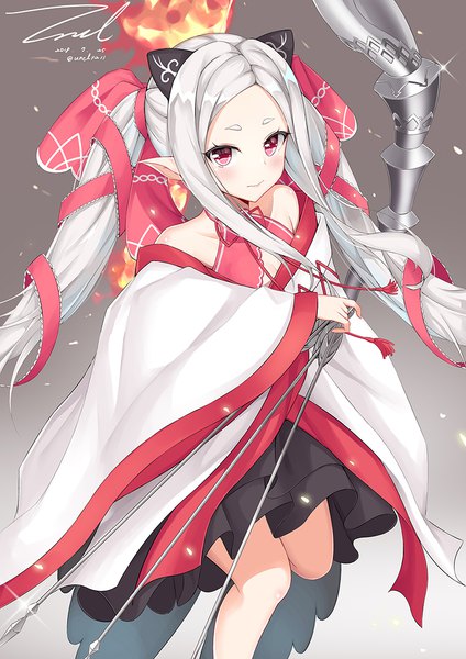 Anime picture 800x1131 with forever 7th capital yui (forever 7th capital) unel single long hair tall image looking at viewer blush red eyes standing twintails bare shoulders holding signed animal ears payot silver hair bent knee (knees) traditional clothes pointy ears