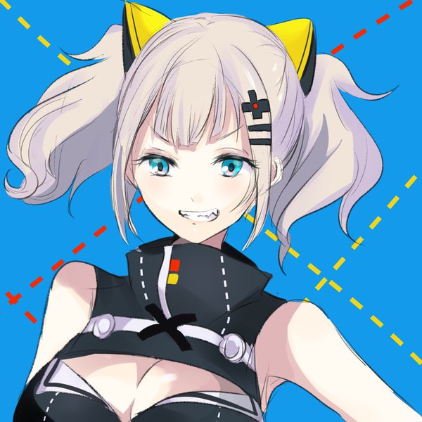 Anime picture 1000x1000 with virtual youtuber the moon studio kaguya luna kayanogura single looking at viewer fringe short hair breasts smile large breasts twintails bare shoulders payot cleavage silver hair aqua eyes grin short twintails blue background
