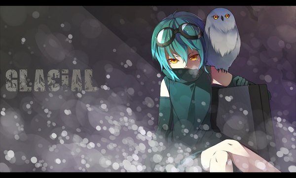 Anime picture 1680x1010 with original en@rain single short hair wide image sitting yellow eyes blue hair crossed legs goggles on head girl gloves elbow gloves shorts goggles owl