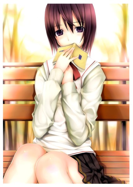 Anime picture 4508x6312 with original tagme (artist) single tall image looking at viewer highres short hair brown hair sitting purple eyes absurdres border girl uniform school uniform book (books)