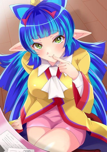 Anime picture 1767x2500 with momotarou densetsu yashahime (momotarou densetsu) akatsuki (aktk511) single long hair tall image looking at viewer blush fringe highres smile sitting green eyes blue hair blunt bangs multicolored hair from above pointy ears two-tone hair finger to mouth