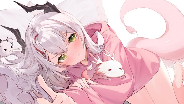 Anime picture 1920x1080 with original bison cangshu single long hair looking at viewer blush fringe highres hair between eyes wide image white hair tail lying barefoot horn (horns) embarrassed on side pointing :t pout