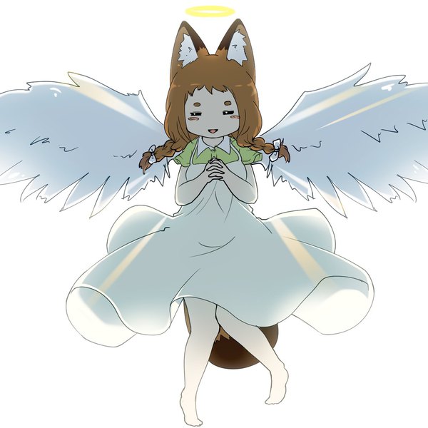 Anime picture 1280x1280 with original poko (yutturi) yutturi single long hair open mouth simple background smile brown hair white background animal ears tail braid (braids) eyes closed animal tail barefoot twin braids angel wings hands clasped weightlessness