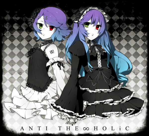 イラスト 1500x1371 と ボーカロイド anti the infinite holic (vocaloid) 巡音ルカ 鏡音リン やまき雀 長髪 カメラ目線 短い髪 肩出し 青い髪 purple hair multicolored hair two-tone hair オッドアイ 女の子 ドレス 髪飾り ちょう結び 袖だけ 縁飾り